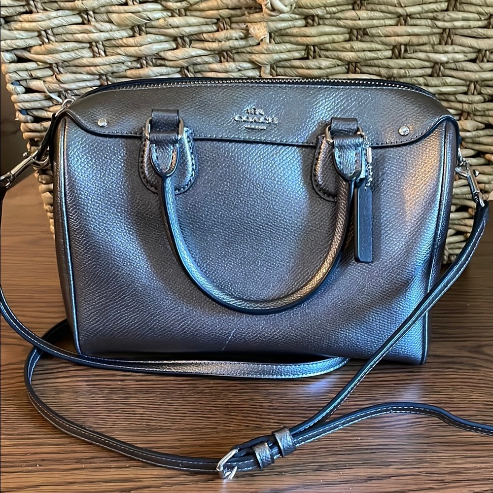 Coach Mini Bennet Cross-  Grained Metallic Leather Gun Metal Dark Gray Satchel